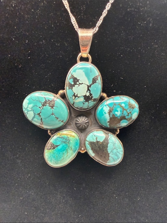 925 Sterling Silver Jewelry - 925 Sterling Silver XL Turquoise Flower Pendant Cluster Necklace on 18” Chain